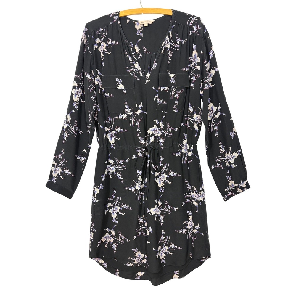 Rebecca Taylor Black Purple Floral 100% Silk Tab Sleeve Shirt Dress 8 M